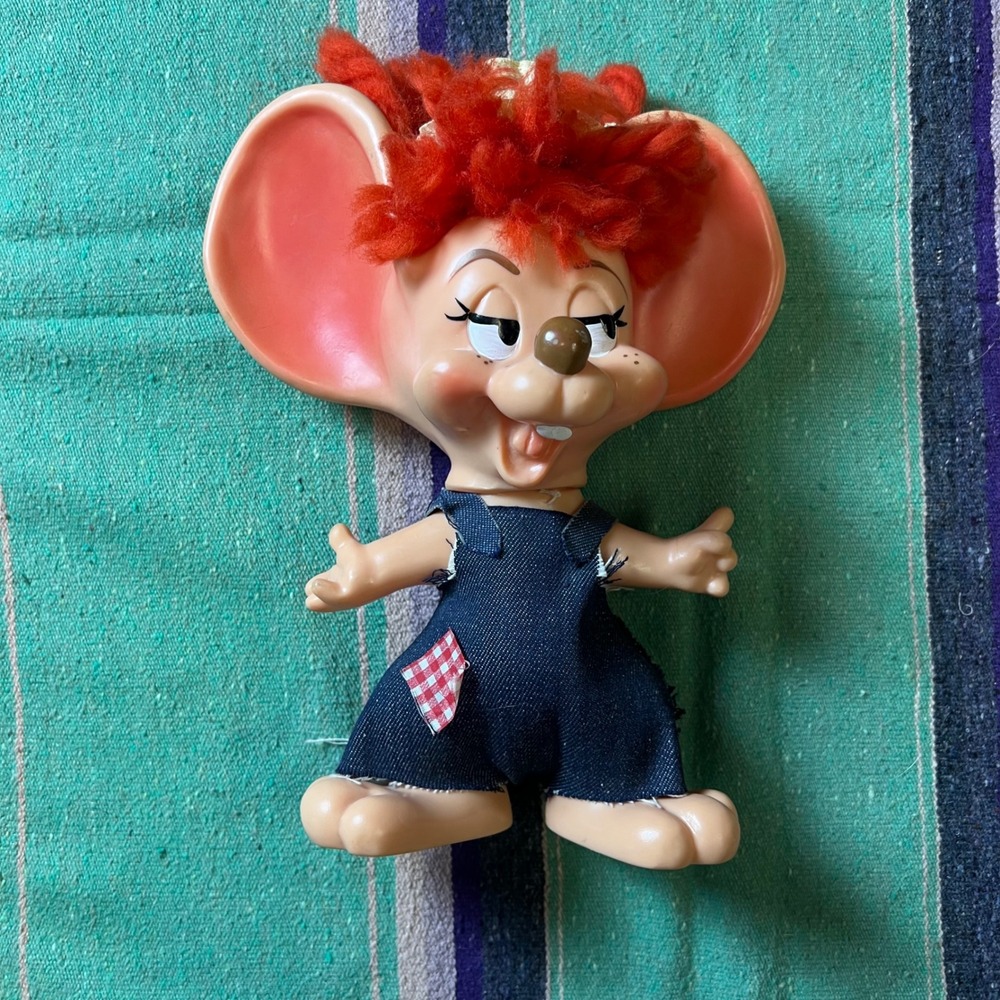 Roy Des of Florida Mouse Bank Unisex 9in Tan Vintage 1970 Denim Overalls Kitsch